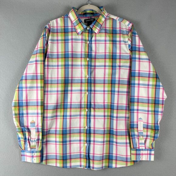 Lands End No Iron Supima Cotton Top Womens 18T Tall Plaid Button Up Long Sleeve - Picture 1 of 14